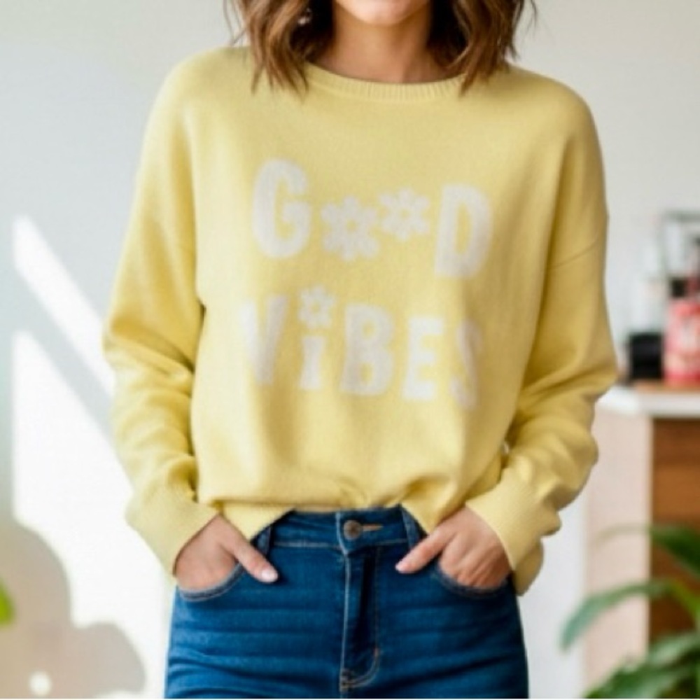Pink Rose Good Vibes Sweater in Yellow Size M